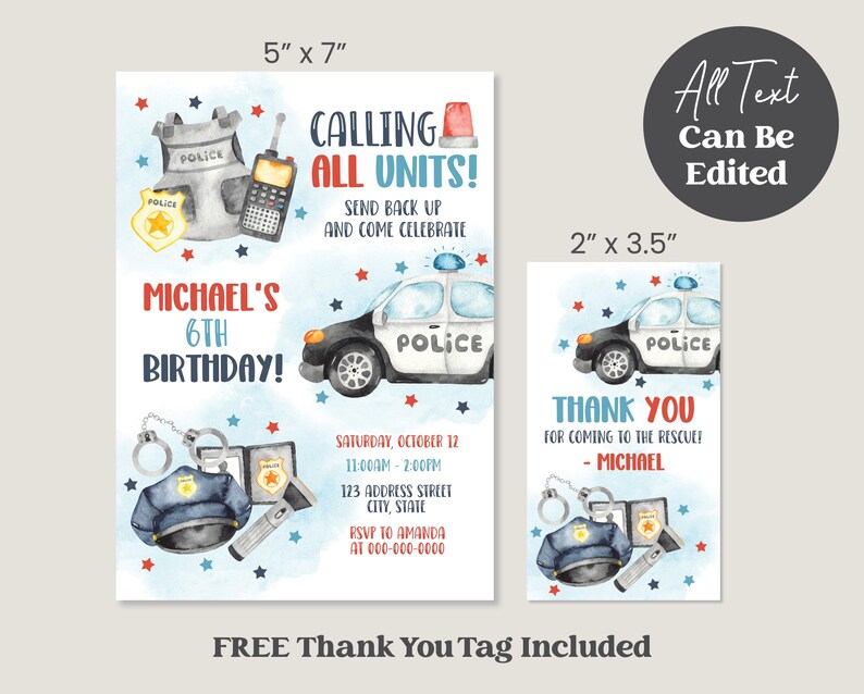 Police Officer Birthday Invitation Printable Police Thank You Tag Kids ...