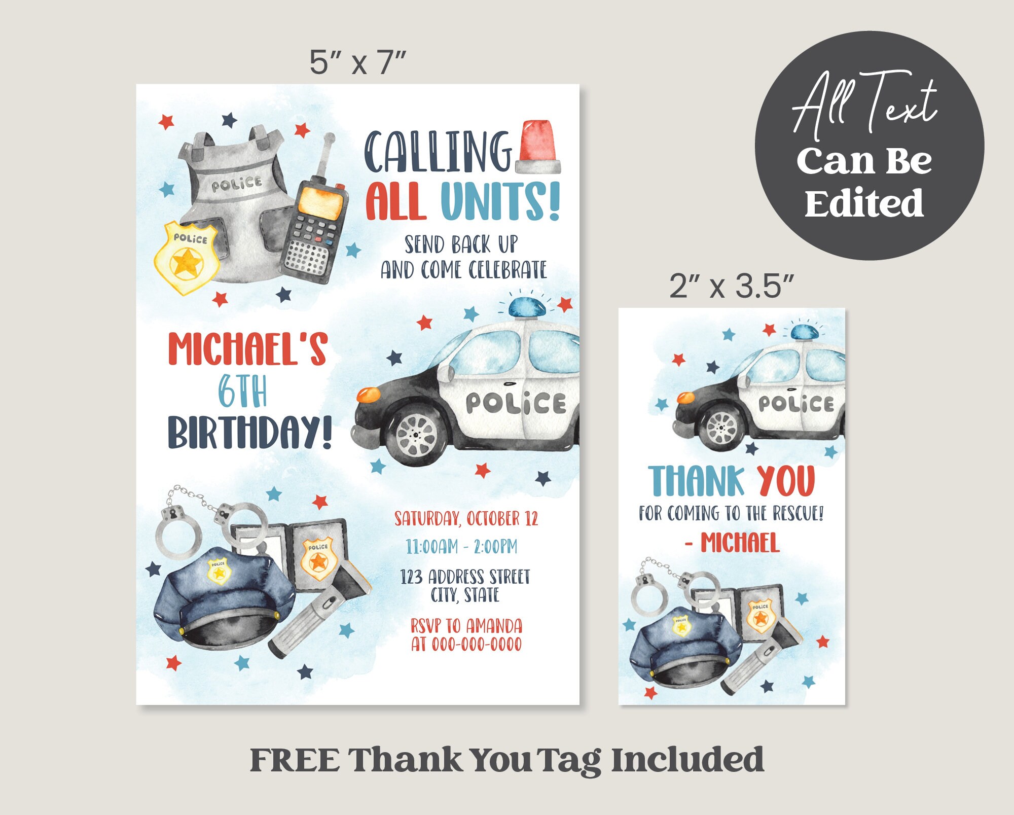 Police Officer Birthday Invitation Printable Police Thank You Tag Kids ...