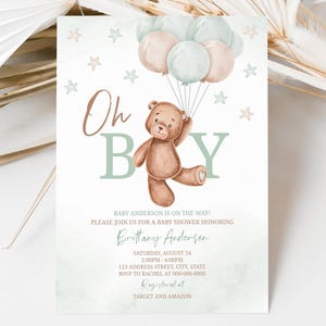 Teddy Bear Balloons Baby Shower Invitation | Shower Invitation | Boy Baby Shower | Bear Baby Shower Template | Instant Download | A0007