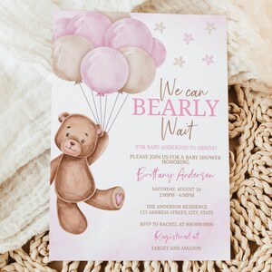 Invito per baby shower con palloncini orsetto di peluche, stampabile, modello modificabile per baby shower con palloncini orsetto rosa A0003 (solo file digitale)