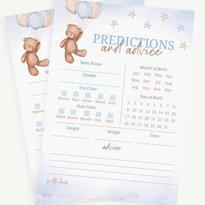 Kaart met voorspellingen en advies voor baby's | Babyshower met teddybeerballonnen | Advieskaart | Douchespelletje teddybeer jongen | Direct downloaden A0002