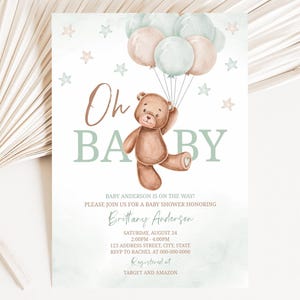Teddy Bear Balloons Baby Shower Invitation | Shower Invitation | Gender Neutral | Bear Baby Shower Template | Instant Download | A0007
