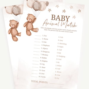 Baby Animal Match Game | Teddy Bear Balloons Baby Shower Game | Animal Match Game | Unisex Teddy Bear Shower Game | Instant Download | A0004