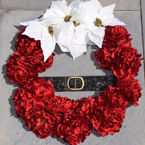 Peony and Poinsettia Santa Wreath, Santa&#39;s Belly Wreath, Christmas Wreath, Holiday Wreath