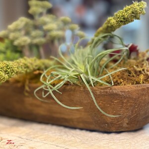 May include: A rustic wooden trough planter filled with a variety of plants and moss. The arrangement includes air plants, dried flowers, and textured green and yellow accents, creating a natural, decorative display.