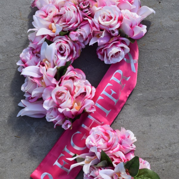 Fighter Breast Cancer Ribbon Wreath, Breast Cancer Awareness, gift for Breast Cancer Survivors, Floral Breast Cancer ribbon wreath
