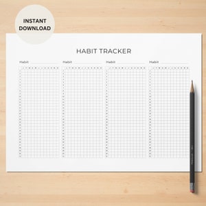 May include: A printable habit tracker with four columns labeled "Habit" and a grid of 32 rows and 12 columns for each habit. The grid is labeled with the months of the year, January through December.