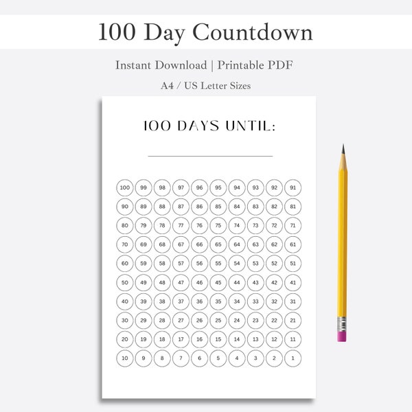 100 Day Countdown Tracker | Instant Download Printable PDF | Wedding Holiday Countdown | 100 Day Challenge Tracker | A4 & US Letter Sizes