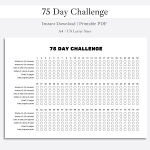 75 Day Challenge Tracker Printable | Landscape A4 & US Letter Sizes | Instant Download PDF | 75 Day Fitness Challenge Digital Template