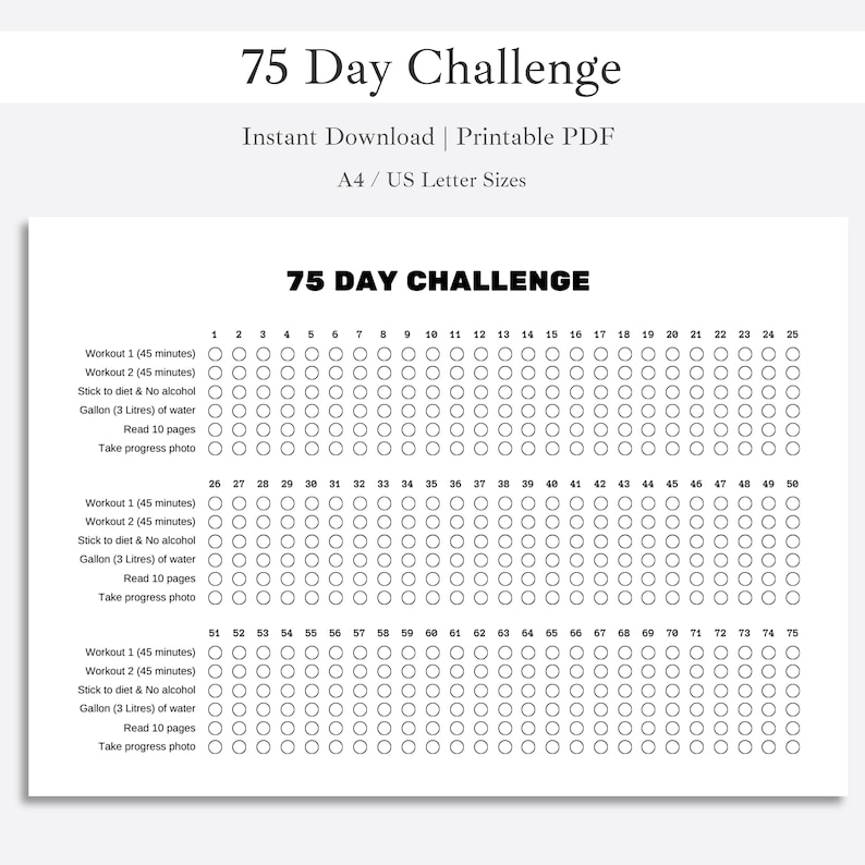 75 Day Challenge Tracker Printable Landscape A4 & US Letter Sizes