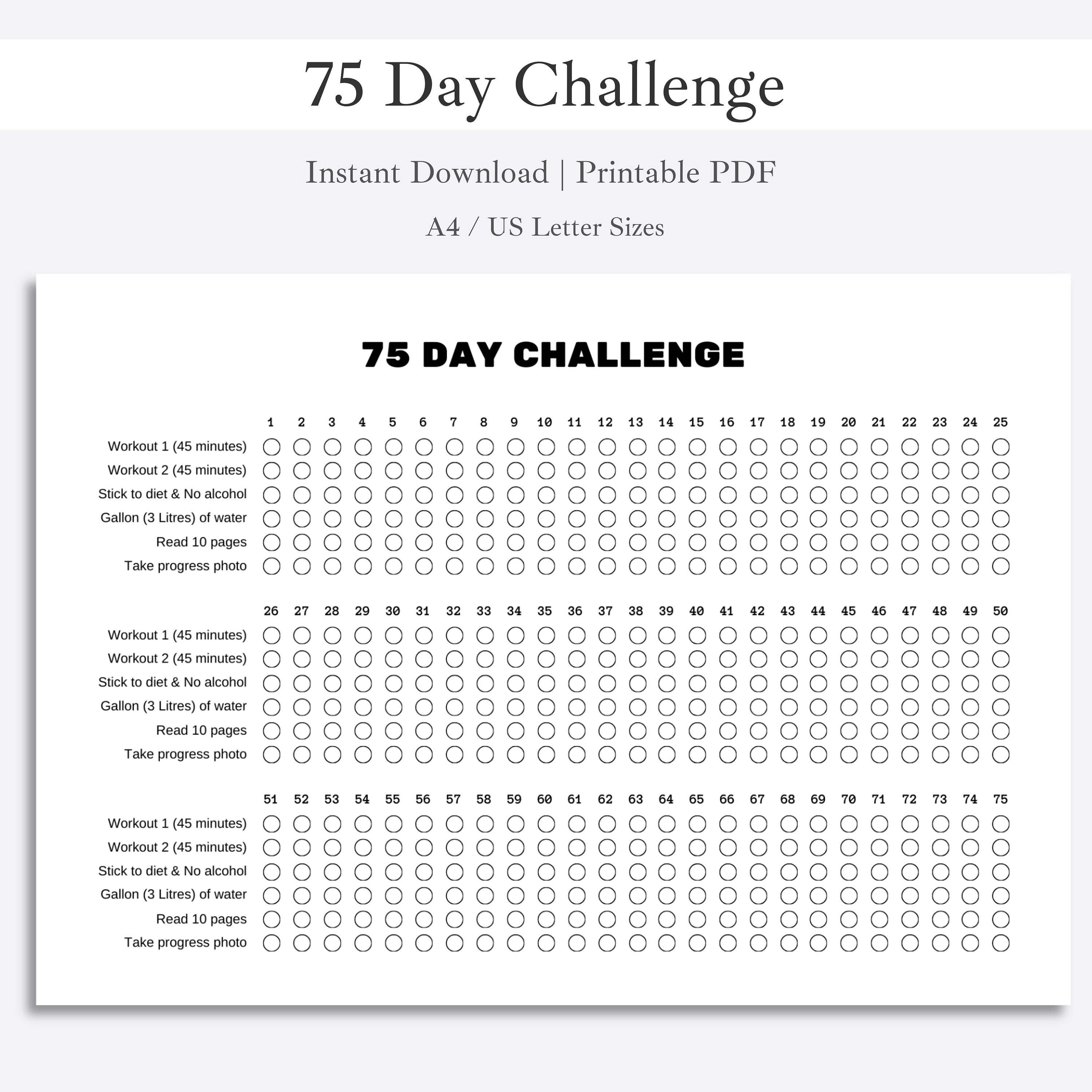 75 Day Challenge Tracker Printable Landscape A4 & US Letter Sizes