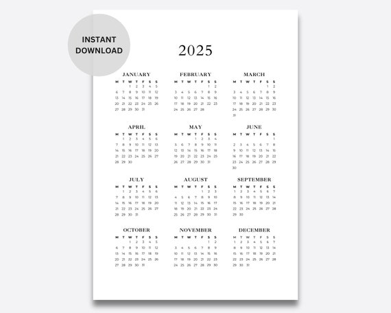 2025 Minimalist Calendar | Printable 2025 Calendar | Simple Aesthetic Calendar | Monday Start A4 Letter | Instant Download Digital Calendar