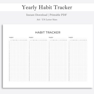 Op de afbeelding: Een printbare gewoontetracker met vier kolommen met de naam "Gewoonte" en een raster van 31 vierkanten voor elke maand van het jaar. De maanden zijn gelabeld met J, F, M, A, M, J, J, A, S, O, N, D.