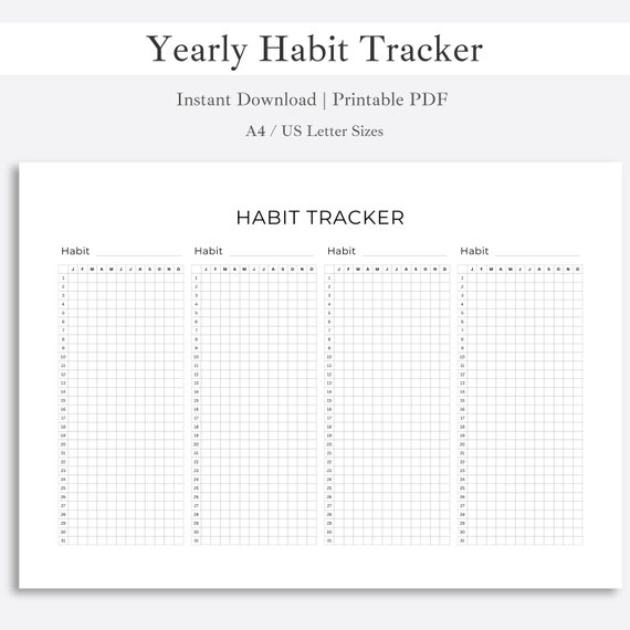Yearly Habit Tracker | Habit Tracker Printable Planner | Instant Download PDF | Habit Journal Template | Habit Tracker Checklist Spreadsheet