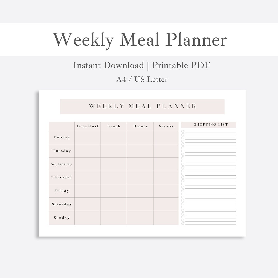 Pink Minimal Weekly Meal Planner | Instant Download Printable Template ...