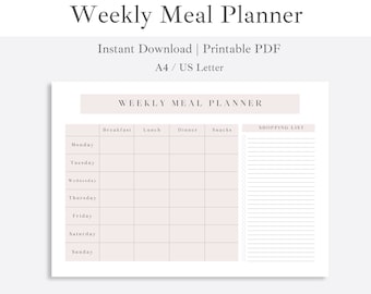 Pink Minimal Weekly Meal Planner | Instant Download Printable Template | Meal Planner and Shopping List Digital | 7 Day Food Health Planner
