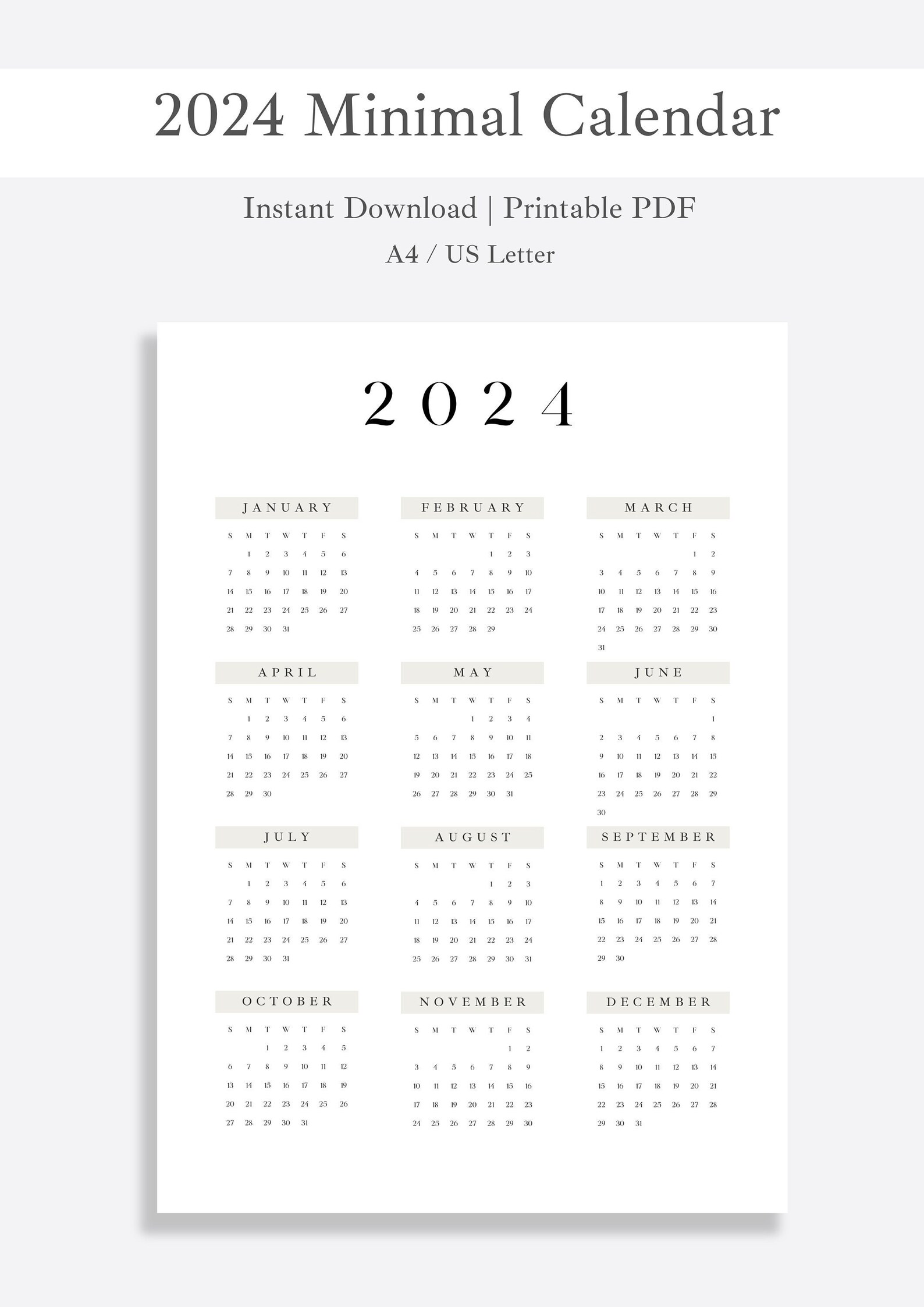 2024 Minimalist Calendar Printable 2024 Calendar Simple - Etsy