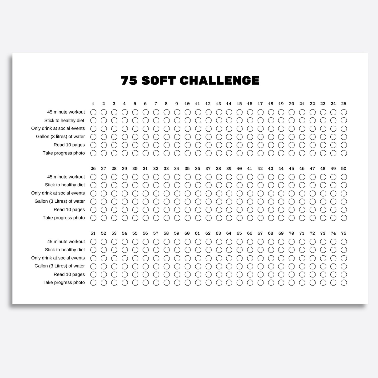 75 Soft Challenge Tracker Printable | Landscape A4 & US Letter Sizes ...