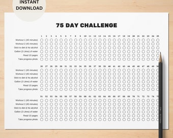 75 Day Challenge Tracker Printable | Landscape A4 & US Letter Sizes | Instant Download PDF | 75 Day Fitness Challenge Digital Template