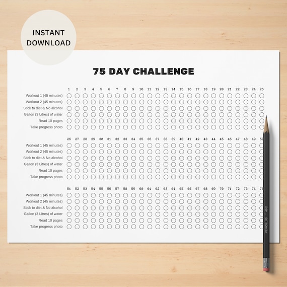 75 Day Challenge Tracker Printable | Landscape A4 & US Letter Sizes | Instant Download PDF | 75 Day Fitness Challenge Digital Template