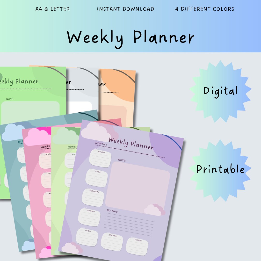 Digital and Printable Weekly Planner With Colorful Clouds Weekly ...
