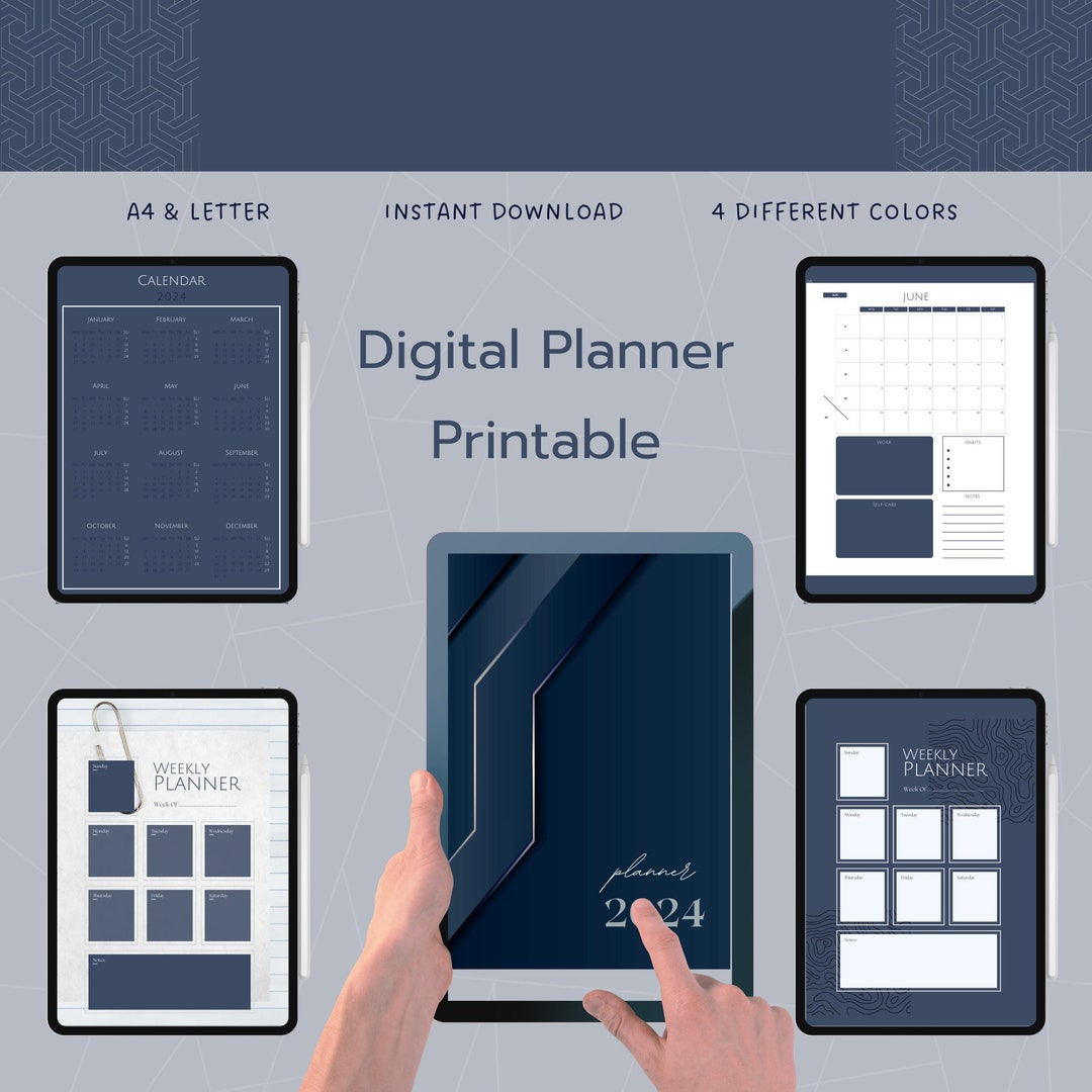 Masculine Navy Blue Daily, Weekly, and Monthly Digital Planner Set With