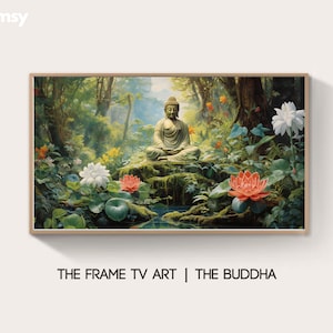 Puede incluir: Una pintura enmarcada de una serena estatua de Buda meditando en un exuberante entorno de bosque verde. El Buda está representado en una postura sentada tradicional con las manos en el mudra Dhyana. El bosque está lleno de follaje verde vibrante, flores rosadas y blancas en flor y un pequeño arroyo que fluye a través de la escena.