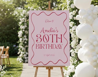 Wavy Border 30th Birthday Party Welcome Sign, Custom Modern Bold Thirties Decorations, Editable Hand Drawn Entrance Board, Cheer To 30