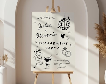 Engagement Party Welcome Sign, Custom Champagne Disco Template, Editable Personalised Signage, Hand Drawn Whimsical Wedding Entrance Board