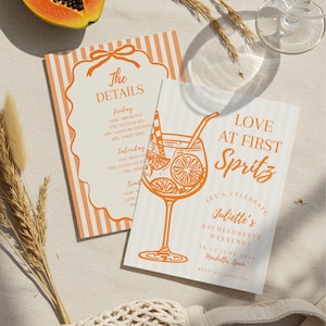 Peut inclure: Deux cartons d'invitation avec du texte et des illustrations orange, l'un indiquant "The Details" et l'autre "Love at First Spritz". Une moitié de papaye et un verre sont également visibles.