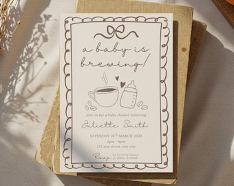 Editable Coffee Baby Shower Invite Template, A Baby Is Brewing Invitation, llustrated Cafe Themed Party Decor, Hand Drawn Sprinkler Evite