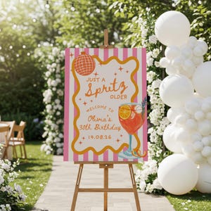 Aangepaste welkomstborden voor verjaardagsfeestje cocktail, Just A Spritz Older bewerkbaar entreebord, handgetekende Italiaanse zomerdecoratie met citrusvruchten