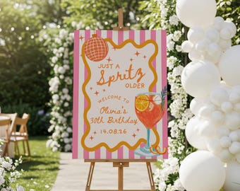 Aangepaste welkomstborden voor verjaardagsfeestje cocktail, Just A Spritz Older bewerkbaar entreebord, handgetekende Italiaanse zomerdecoratie met citrusvruchten