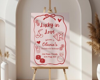 Lucky In Love Bachelorette Welcome Sign, Editable Las Vegas Bridal Shower Entrance Board, Hand Drawn Hen Weekend Signage Casino Engagement