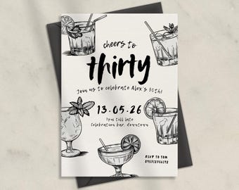 Editable Birthday Party Invitation Hand Drawn Scribble Cocktail Invitation, 21st, 30th, 40th , 50th Birthday Invite Printable Canva Template