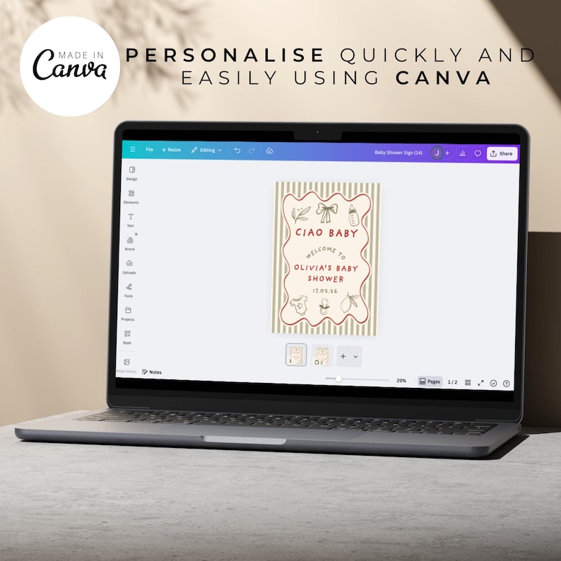 May include: A laptop displays a baby shower sign design. The sign features the text "CIAO BABY" and "WELCOME TO OLIVIA'S BABY SHOWER" in a decorative frame. The Canva logo is visible in the upper left corner.