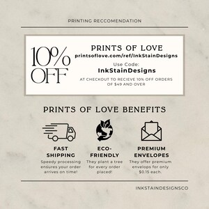 May include: An advertisement with the text "10% OFF" and "PRINTS OF LOVE" with a website address and discount code. The image also highlights benefits like fast shipping, eco-friendly practices, and premium envelopes.