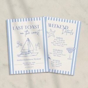 Last Toast On The Coast Bachelorette Itinerary Template, Beach Bachelorette Party Invitation, Coastal Hen Party Editable Digital Invite