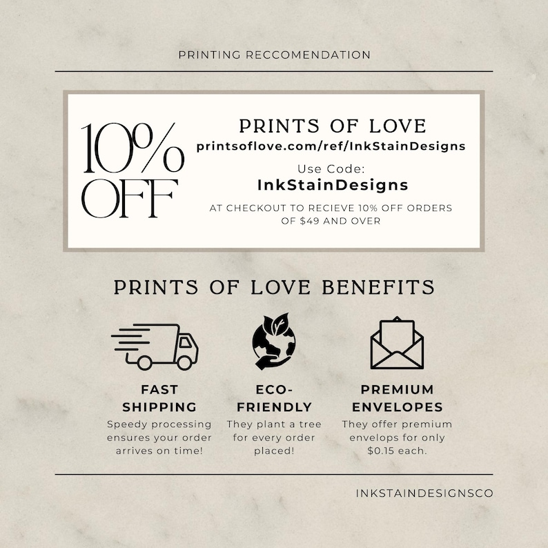 May include: An advertisement with the text "10% OFF" and "PRINTS OF LOVE" with a website address and discount code. The image also highlights benefits: fast shipping, eco-friendly practices, and premium envelopes.
