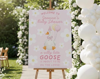 Silly Goose On The Loose Baby Shower Welcome Signage Template, Editable Gosling Floral Daisy Sign, Custom Pink Pastel Gingham Party Decor