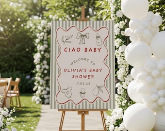 Editable Ciao Baby Shower Welcome Sign Template, Bella Bambino Sprinkler Entrance Board, Italian Themed Party Hand Drawn Illustrated Signage