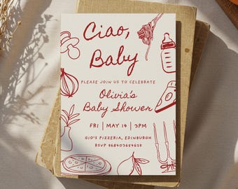 Redigerbar Ciao babyshower-inbjudningsmall, Bella Bambino sprinklerinbjudan, italienskt tema festevenemang, handritad illustrerad dekoration