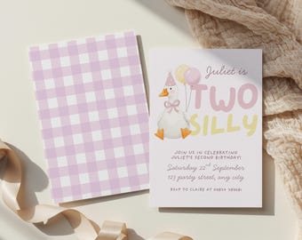 Silly Goose 2nd Birthday Invitation, Two Silly Birthday Party Invite, Baby Girl Second Birthday Invite, Editable Illustrated Goose Evite