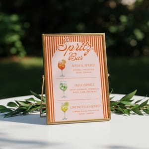 May include: A gold-framed sign for a Spritz Bar, featuring an orange and white striped background. The sign lists Aperol, Hugo, and Limoncello Spritz cocktails with illustrations and ingredients. The sign is displayed on a white surface with greenery.