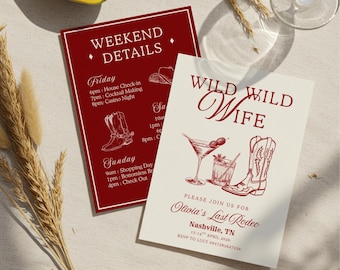 Plantilla de invitación e itinerario para despedida de soltera "Wild Wild Wife", invitación editable para despedida de soltera vaquera, paquete de fin de semana de despedida de soltera con temática western dibujado a mano
