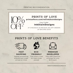 Op de afbeelding: Een advertentie voor Prints of Love, met 10% korting op bestellingen van meer dan $49 met de code InkStainDesigns. Voordelen zijn snelle verzending, milieuvriendelijke praktijken en premium enveloppen. De afbeelding bevat tekst en pictogrammen.