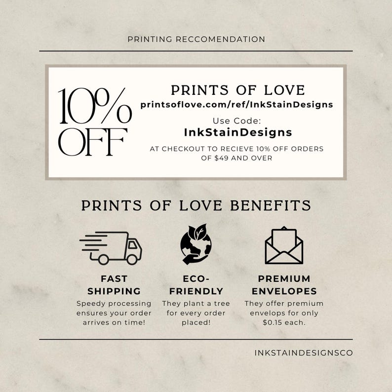 Op de afbeelding: Een advertentie voor Prints of Love, met 10% korting op bestellingen van meer dan $49 met de code InkStainDesigns. Voordelen zijn snelle verzending, milieuvriendelijke praktijken en premium enveloppen. De afbeelding bevat tekst en pictogrammen.