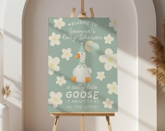 Silly Goose On The Loose Baby Shower Welcome Signage Template, Editable Gosling Floral Daisy Sign, Custom Green Pastel Gingham Party Decor