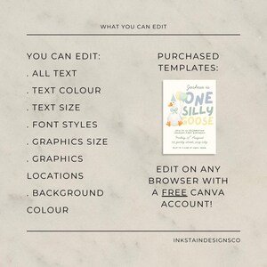 May include: A digital template design with the text "Joshua is ONE SILLY GOOSE" in blue and yellow. The design includes a cartoon goose and balloons. The text "Edit on any browser with a free Canva account!" is also included.
