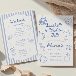 May include: Two invitation cards with blue text and illustrations. One card says "Weekend itinerary" with a schedule. The other says "Seashells & Wedding Bells" and "Olivia's Bachelorette" with event details.